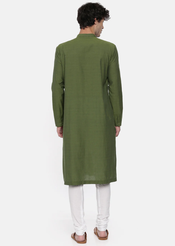 Green Cotton Asymmetrical Kurta Set
