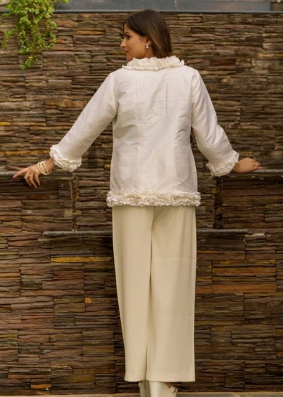 Pure silk Dupion Ruffle Jacket- Off White