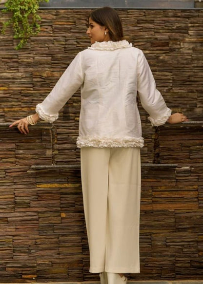 Pure silk Dupion Ruffle Jacket- Off White