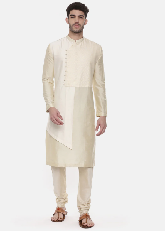 Beige Ivory Silk Cut Away Kurta