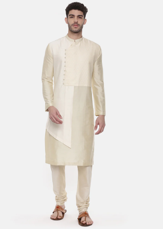 Beige Ivory Silk Cut Away Kurta