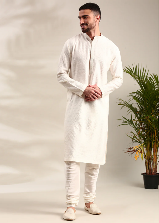 Ivory Silk Cotton Jaquard Kurta Set