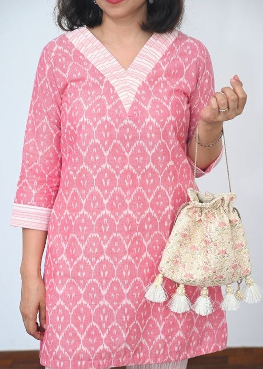 Pink V Neck Vishnu Calicut Ikkt Tunic