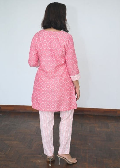 Pink V Neck Vishnu Calicut Ikkt Tunic