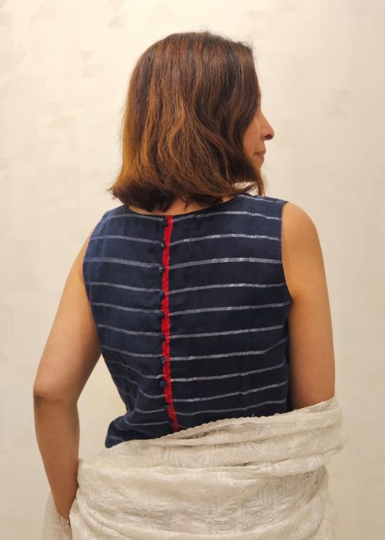Blue Red Sleeveless Cotton Blouse