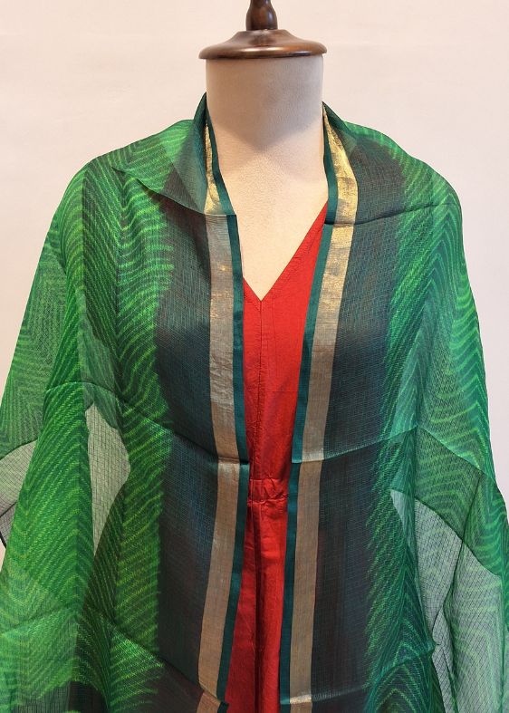 Parrot Green Stripes Silkkota Shibori Handloom Stole