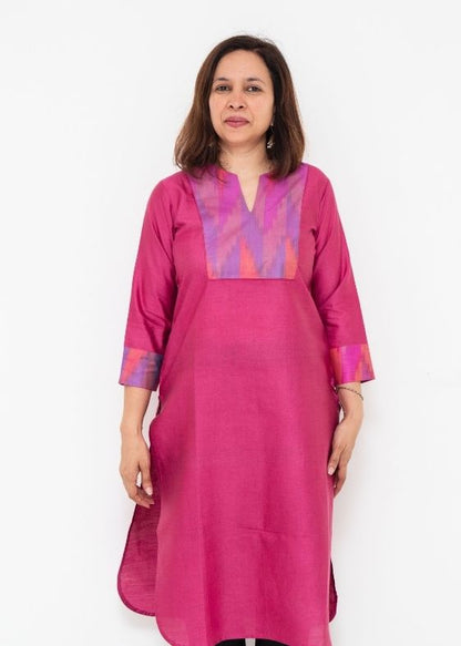 Pink Deepam Neck Tussar Long Kurta