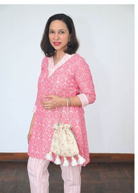 Pink V Neck Vishnu Calicut Ikkt Tunic
