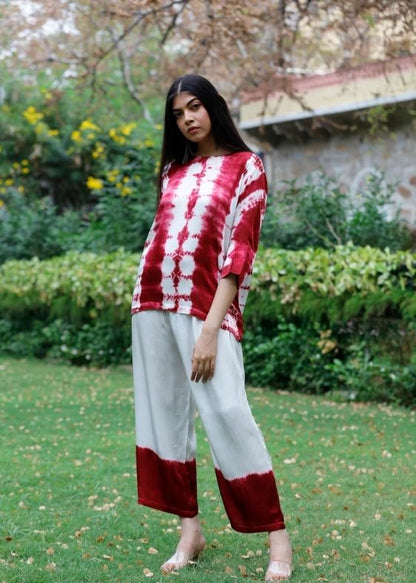 Modal Satin Tie and Dye Co-ord Set- Wine