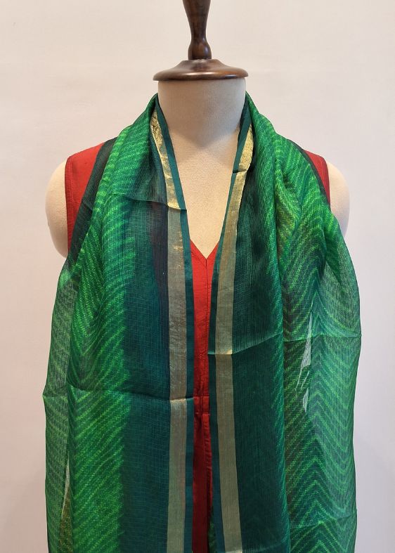 Parrot Green Stripes Silkkota Shibori Handloom Stole
