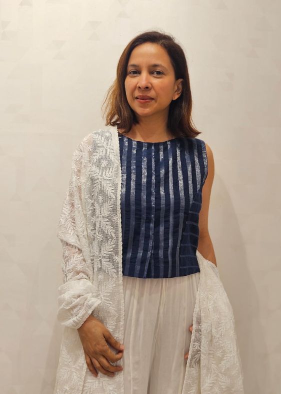 Blue Red Sleeveless Cotton Blouse