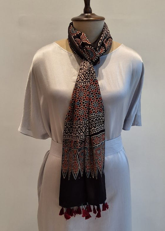 Black Flower Ajrakh Print Modal Silk Stole
