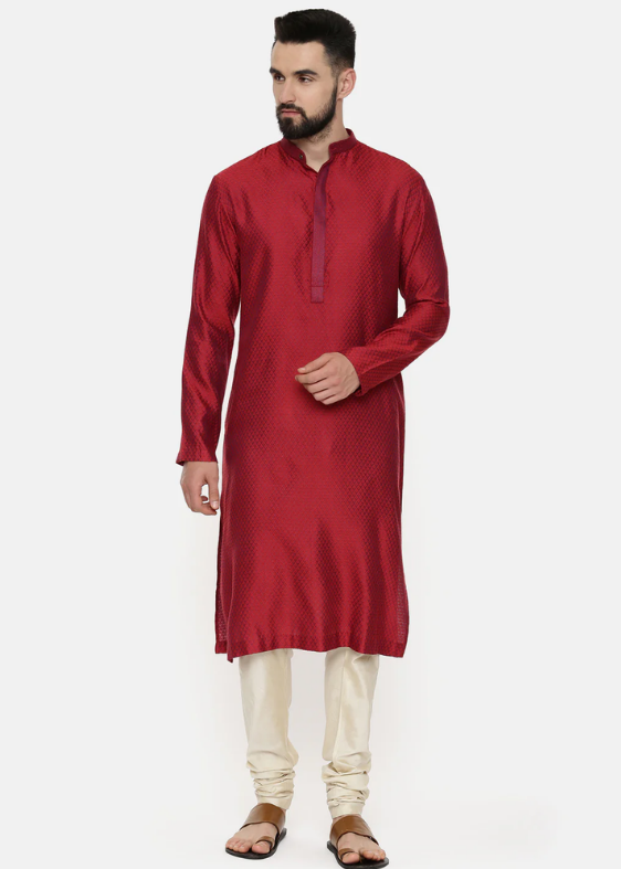 Red Silk Cotton Jaquard Kurta Set