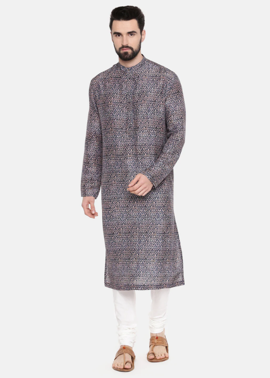 Linen Bemberg Blue Print Kurta Set
