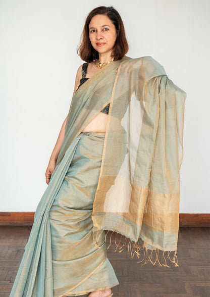 Greyish Blue Tissue Silk Chanderi Saree