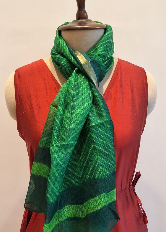Parrot Green Stripes Silkkota Shibori Handloom Stole