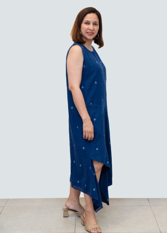 Blue Jamdani Cotton Sleeveless Dress