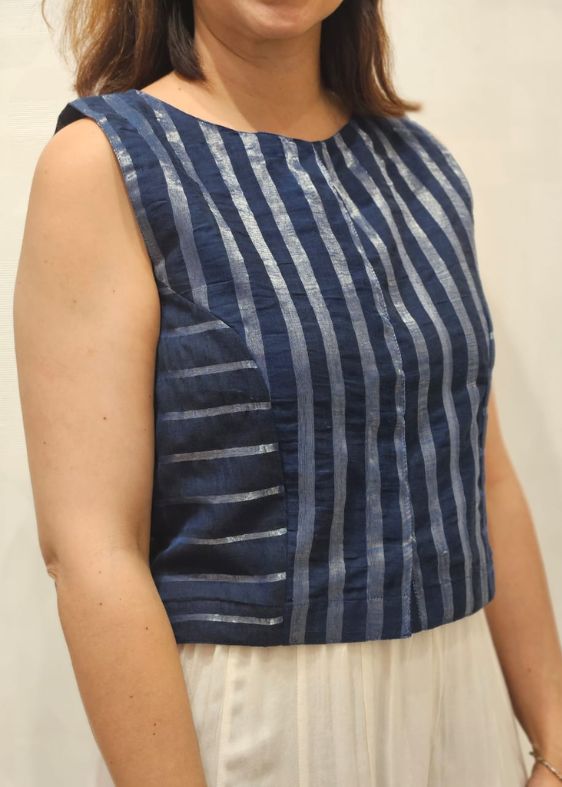 Blue Red Sleeveless Cotton Blouse