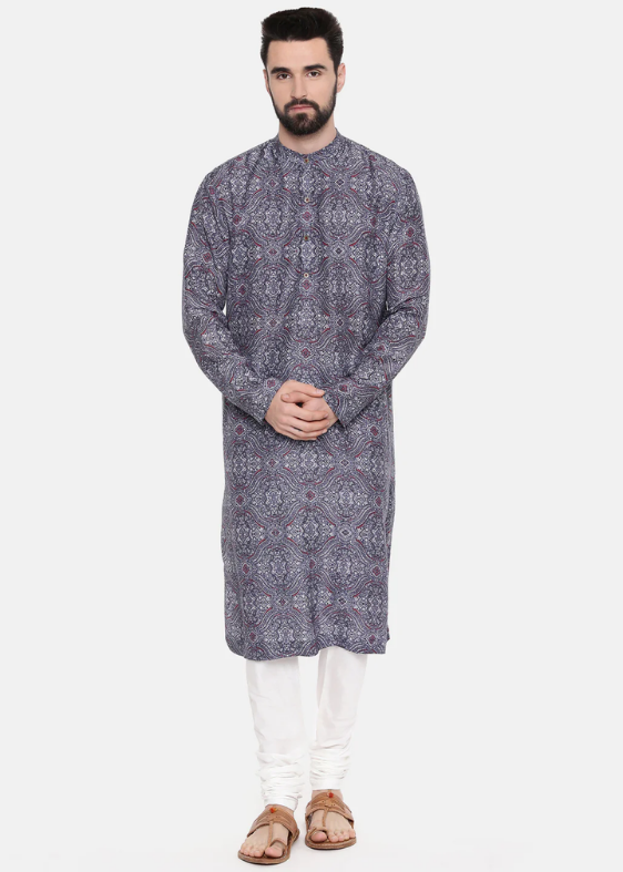 Linen Bemberg Blue Red Print Kurta Set