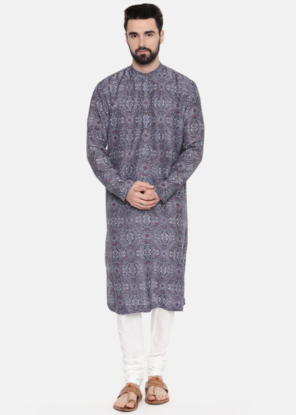 Linen Bemberg Blue Red Print Kurta Set