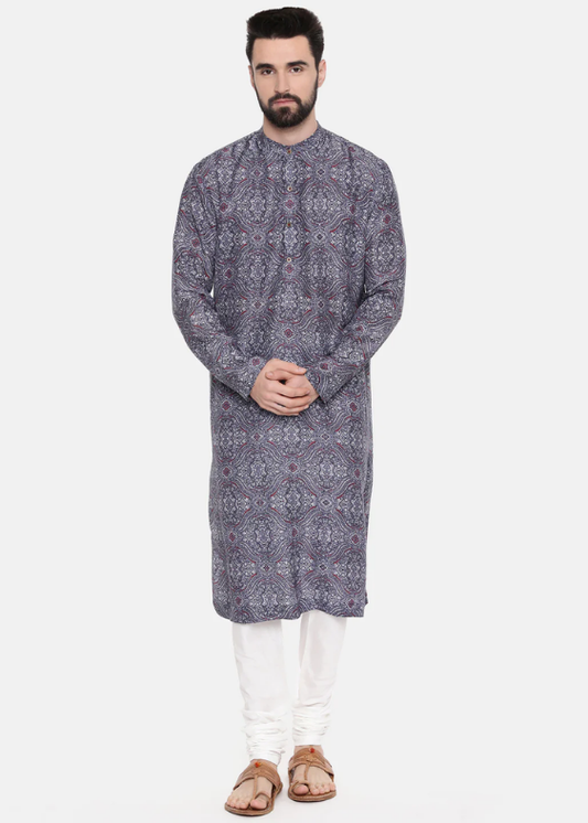 Linen Bemberg Blue Red Print Kurta Set