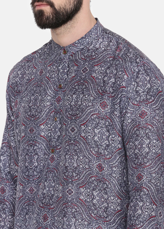 Linen Bemberg Blue Red Print Kurta Set