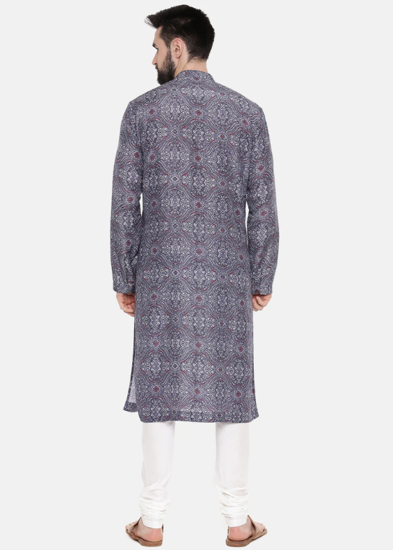 Linen Bemberg Blue Red Print Kurta Set