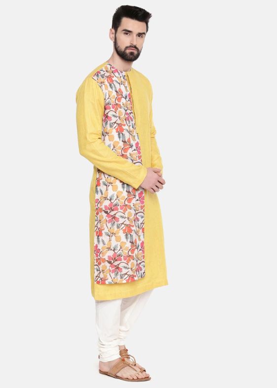 Yellow printed linen kurta set