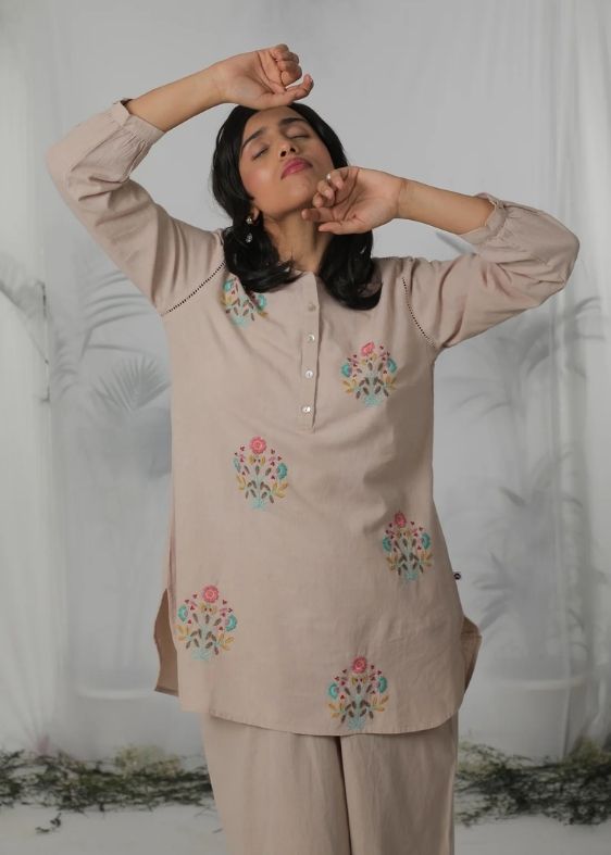SS 2444 Beige Striped Cotton Embroidered Tunic