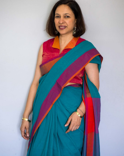 Teal Green Colour Block Fulia Cotton Saree