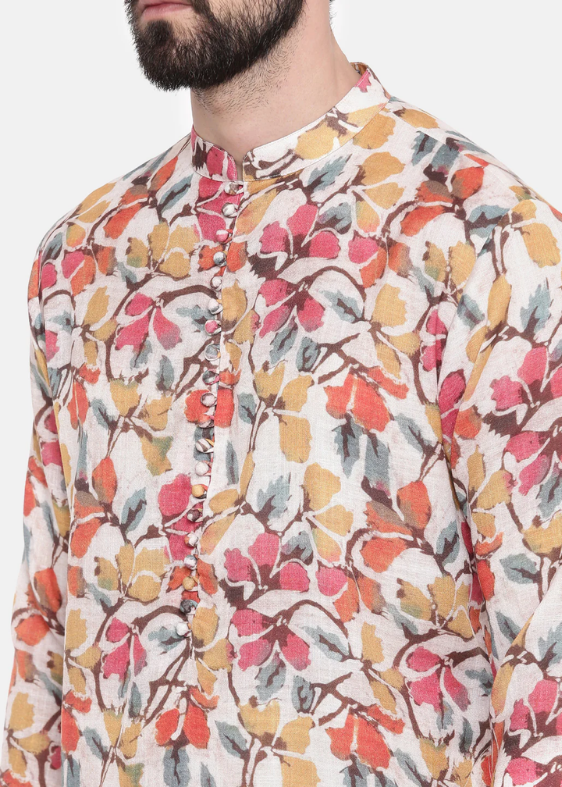 Beige/Yellow/Pink Printed Kurta Set