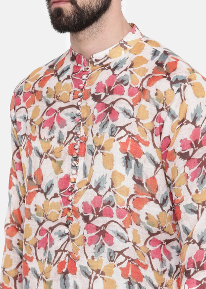 Beige/Yellow/Pink Printed Kurta Set