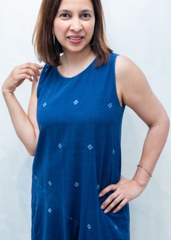 Blue Jamdani Cotton Sleeveless Dress