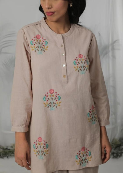 SS 2444 Beige Striped Cotton Embroidered Tunic