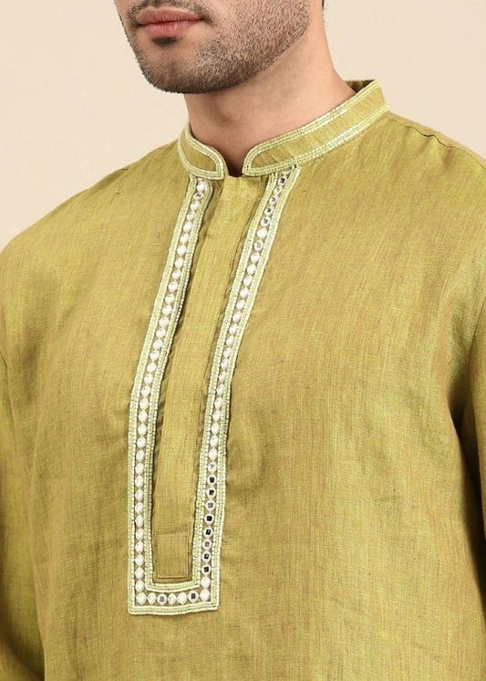 Green Linen Emb kurta set