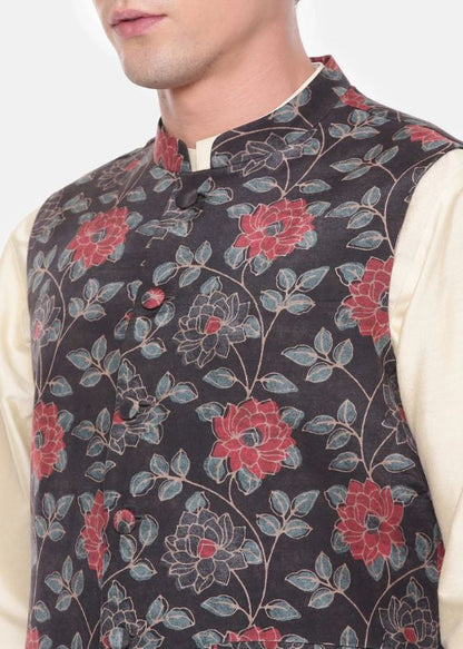 Black Red Printed Muslin Nehru Jacket - MMWC0224