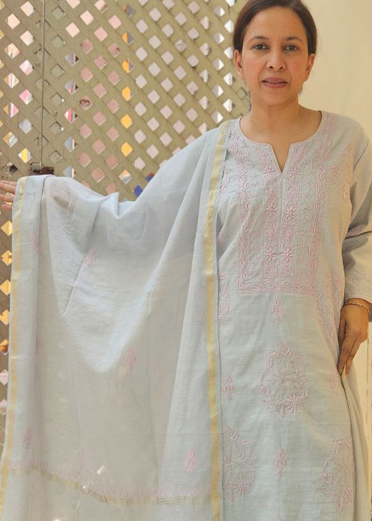 Grey Chanderi Chikankari Salwar Kurta Set