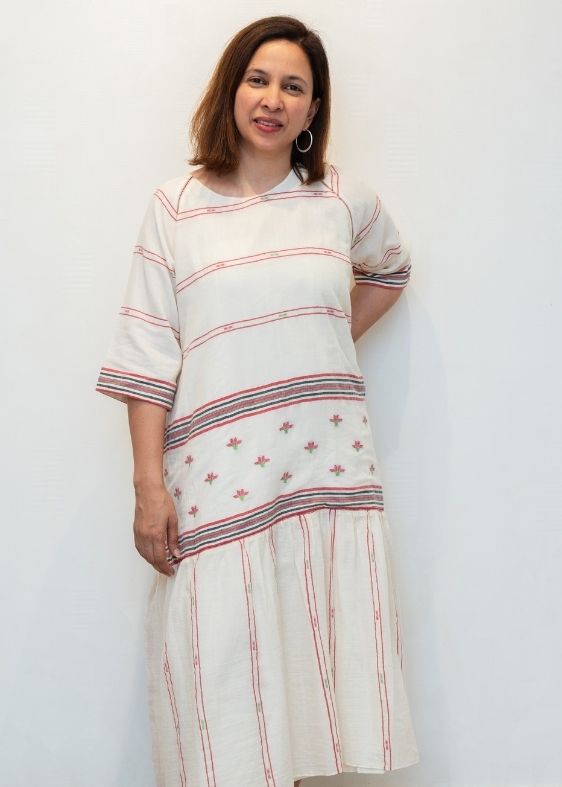 White Back Tie Net Cotton Jamdani Dress