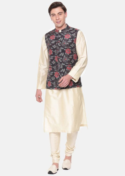 Black Red Printed Muslin Nehru Jacket - MMWC0224
