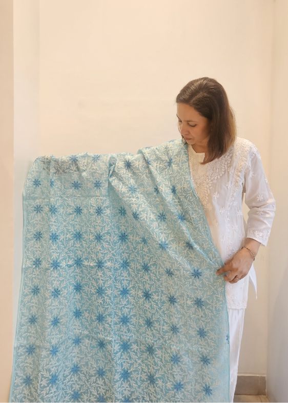 Blue Kota Chikankari Dupatta