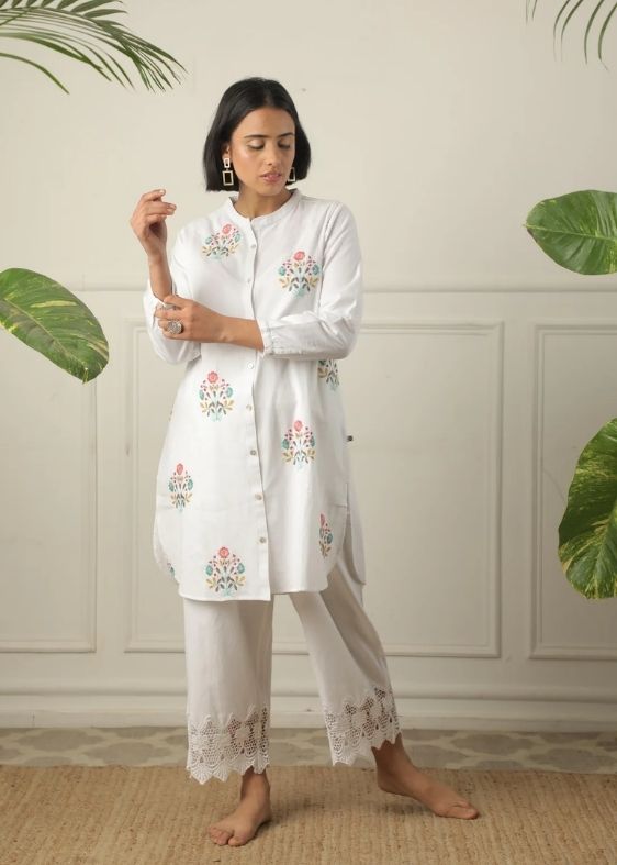 SS 2445 White Striped Cotton Embroidered Tunic