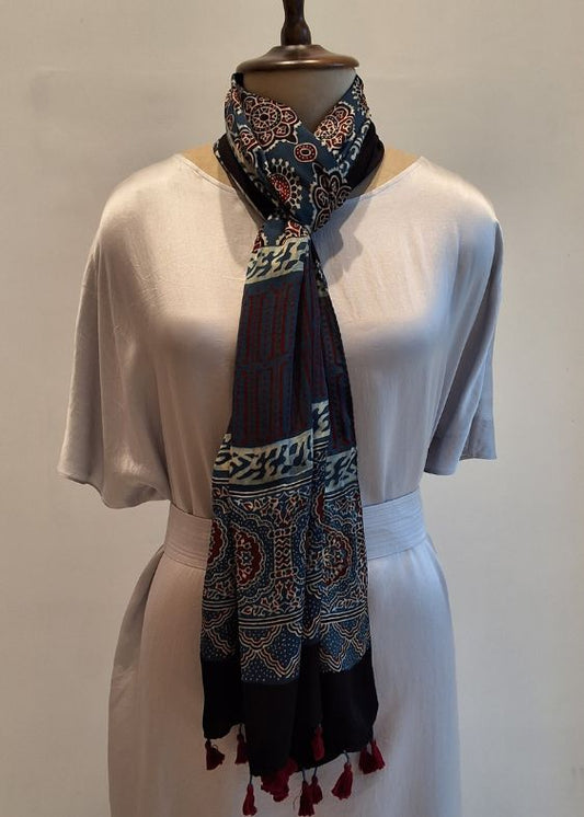 Blue Ajrakh Print Modal Silk Stole