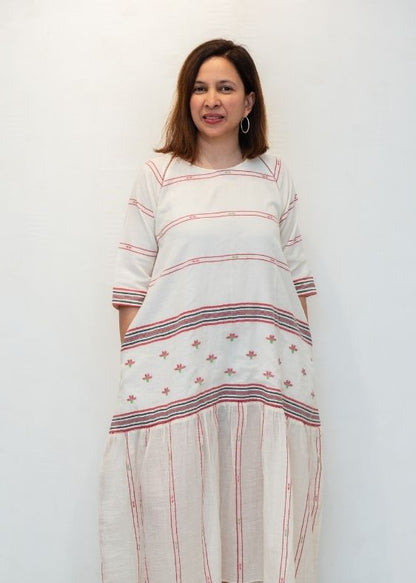 White Back Tie Net Cotton Jamdani Dress