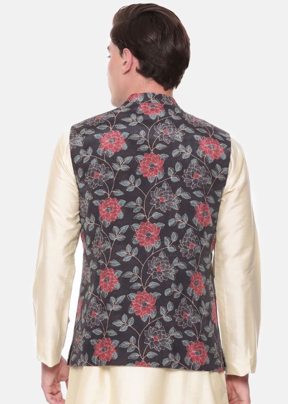 Black Red Printed Muslin Nehru Jacket - MMWC0224