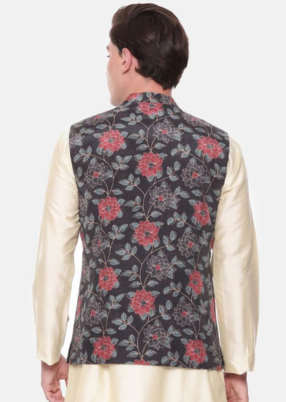 Black Red Printed Muslin Nehru Jacket - MMWC0224