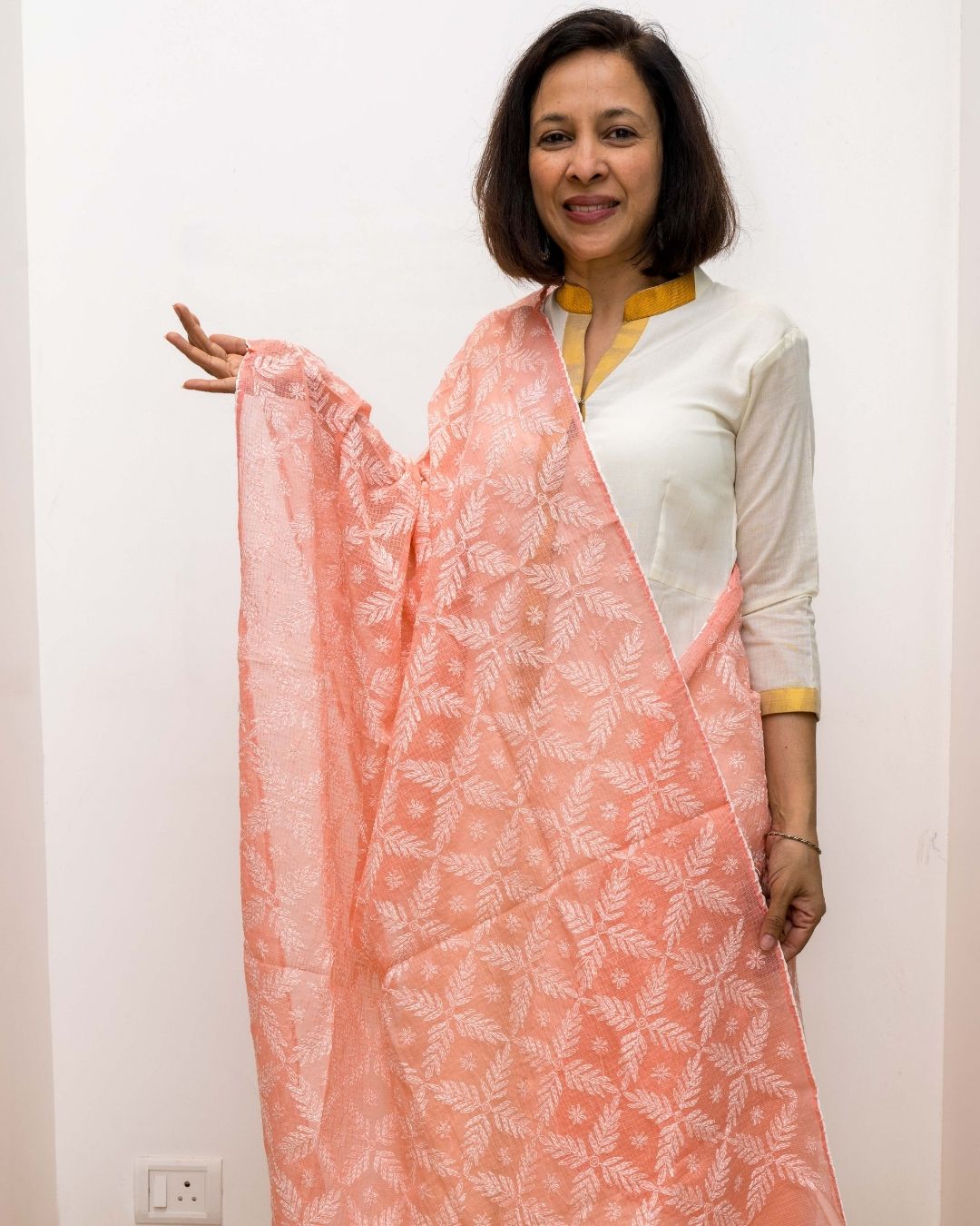 Peach Chikankari Kota Dupatta