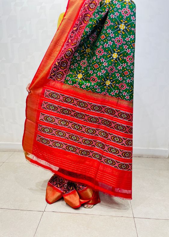 Green and Red Silk Ikat Saree