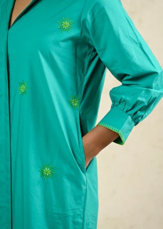 Green Long Embroidery shirt dress