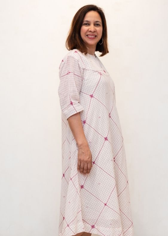 White and Pink Checks Jamdani Cotton Dress