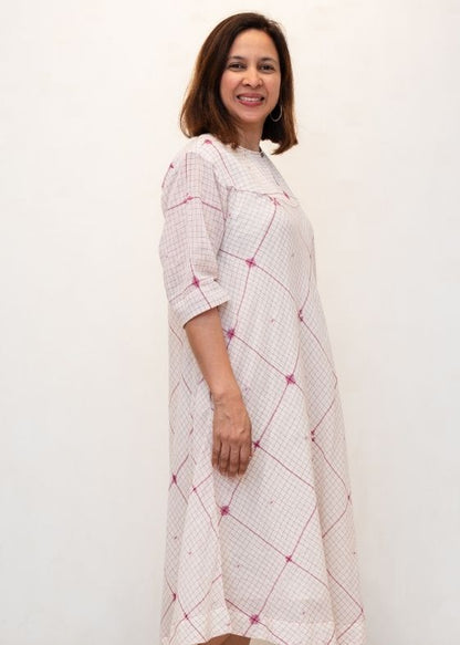 White and Pink Checks Jamdani Cotton Dress